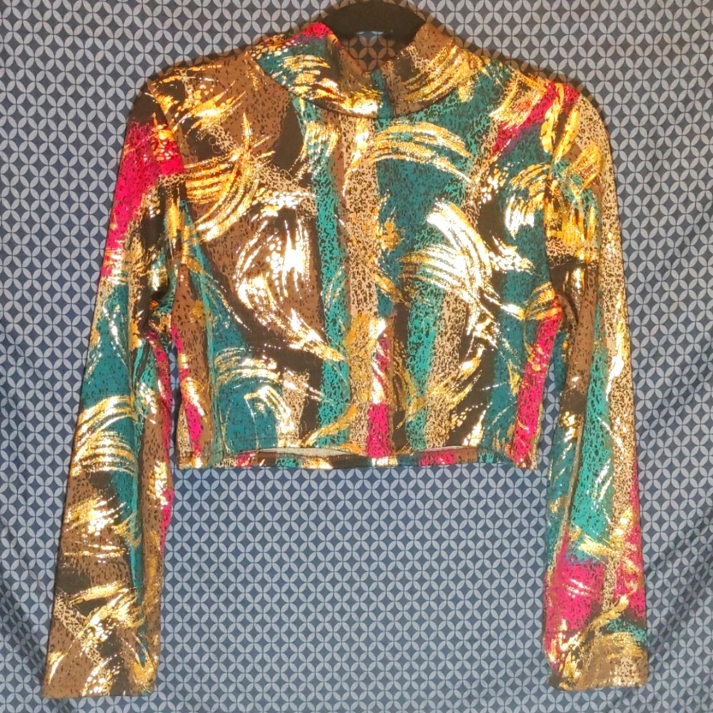 Cleo Tops - Gold, magenta and teal long sleeve turtleneck crop top. Size- 2XL - Picture 1 of 4